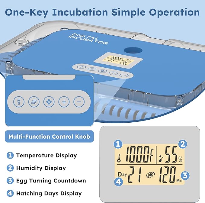Egg Incubator for Hatching 70 Chicken, Duck, Quail & Goose Eggs – Automatic Egg Turner, Humidity & Temperature Control, Built-in LED Candler, Auto Water Refill, 360° Clear View Digital Poultry Hatcher