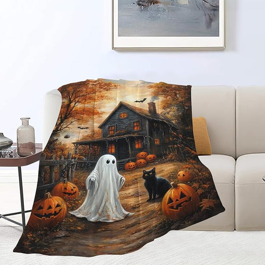 Halloween Blanket, Ghost Black Cat Fleece Flannel Throw Blanket, Pumpkin Soft Lightweight Stuff Throws Gifts for Women Men Boys Girls Lovers Adults Lovers Sofa Decor 60"x50"