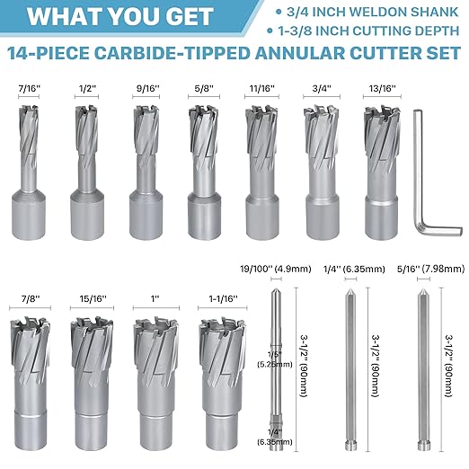 KEENTECH 14-PC Carbide-Tipped Annular Cutter Set, 7/16" to 1-1/16" Cutting Diameter, 1-3/8" Cutting Depth, 1/4" Weldon Shank Mag Drill Bits Kit, 3pcs Pilot Pins& 1pc Hex Wrench Included