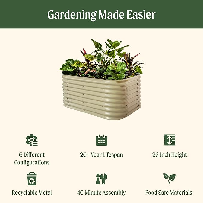 Vego garden 26" Extra Tall Raised Garden Bed Kits, 6 in 1 Modular Raised Planter Box for Vegetables Flowers Fruits Oval Metal Raised Garden Pearl White