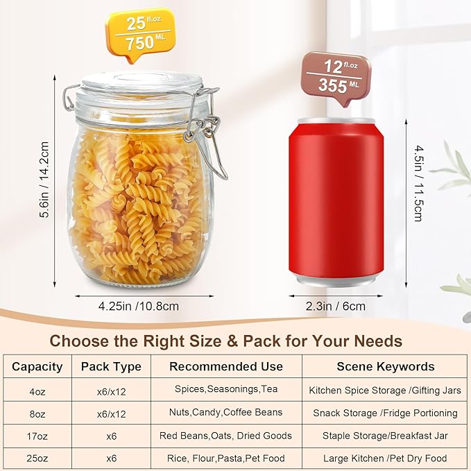 25oz Airtight Glass Jars with Lids, Set of 6 Food Storage Containers & Canisters, Clear Mason Jars with Clamp Seal for Canning, Cereal, Coffee, Pasta, Sugar, Beans & Spices