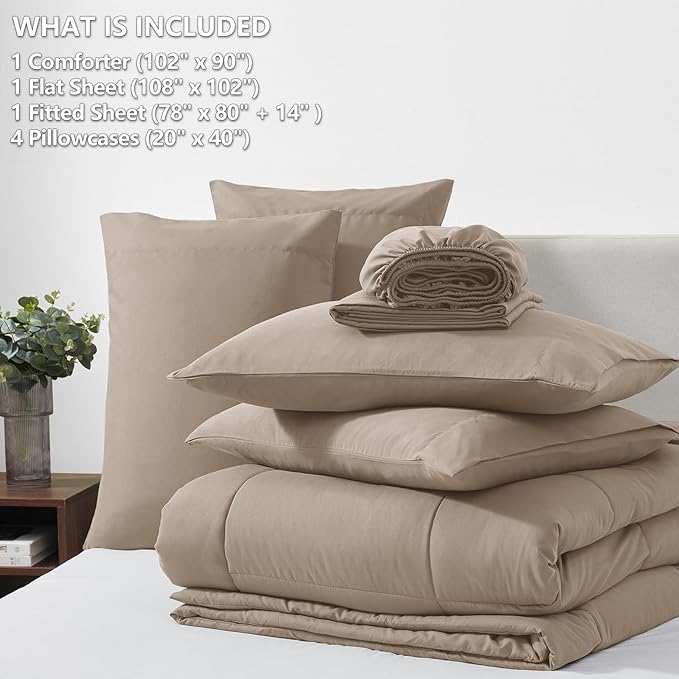 CozyLux King Size Comforter Set Khaki, 7 Pieces Bed in a Bag, Khaki Comforter King Size, All Season Bedding Sets with Stitch Quilted Comforter, Flat Sheet, Fitted Sheet, Pillowcases