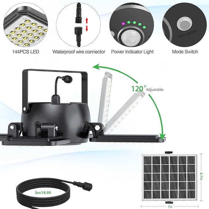 Solar Shed Light Indoor Outdoor 1200LM 144LED Pendant Light, Motion Sensor with Upgrade 5 Lighting Modes & Remote Control 4-Leaf 120°Adjustable Lights for Home Yard Garage