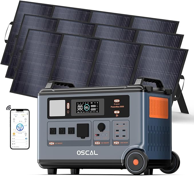 OSCAL PowerMax 6000 Solar Generator with 3x400W Solar Panel, 120V/240V Split Phase Voltage 6000W AC Outlets (9000W Peak), 2200W AC Charging/2400W PV Charging for Home, Emergency, Bank Battery Backup