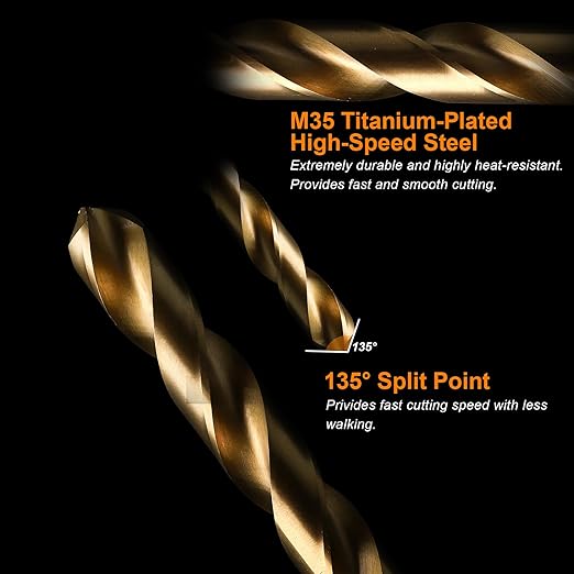 M35 Cobalt Drill Bit Set 20PCS(1/16"-1/2") High Speed Steel Jobber Length Drill Bit Kit for Hardened Metal with Index Storage Case