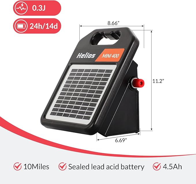 Andmon MINI400 20 Miles Solar Electric Fence Charger with Day/Night Mode 0.3J Output Energy Electric Fence Energizer