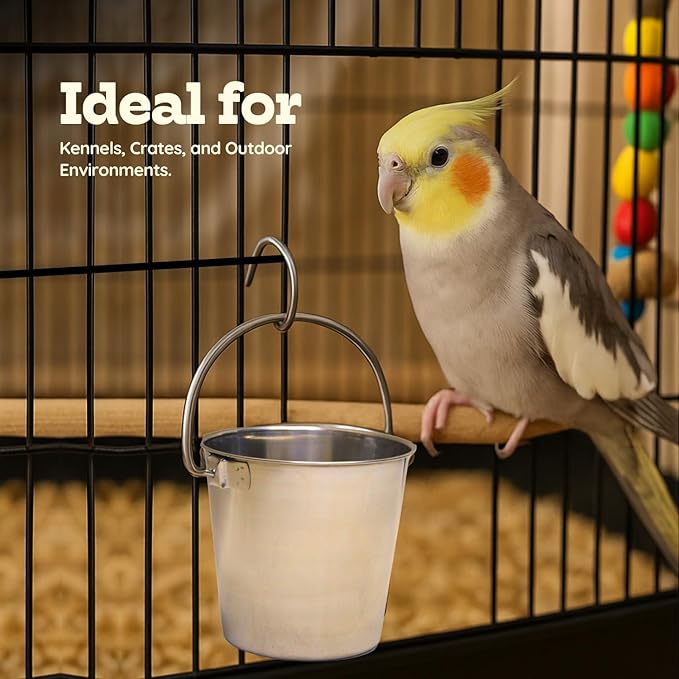 1 quart Heavy Duty Stainless Steel Round Bucket with Handle | 0.25 gal Sturdy Food & Water Bowl for Small Bird Dog Cat & Livestock | Fits kennel Crate Cage Farm | Hanging Utility Pet Pail