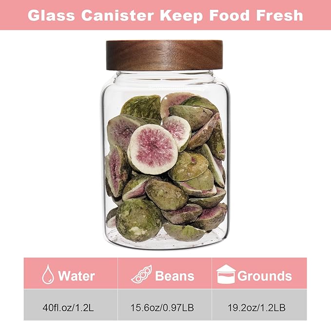 Airtight Glass Jars with Wooden Lid Round Spice Jar Clear Glass Food Storage Jar Canister with Screw Lid for Coffee Ground Bean Candy Pantry Sugar Tea Cookies Bath Salts (1200ml/40oz-1pack-A)