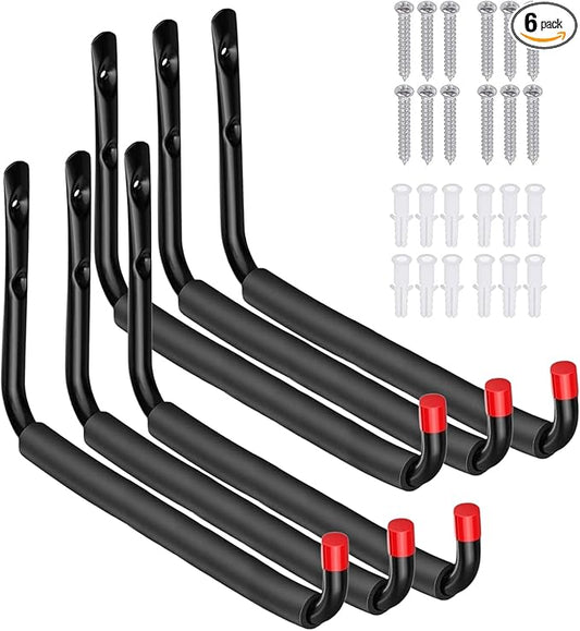 6 Pack Garage Hooks Heavy Duty, Utility Steel Hooks with EVA Foam Padding, 15inch Wall Mount J Organizer Hanger for Hanging Bikes Kayak Garden Tool Hose Bike Shelf