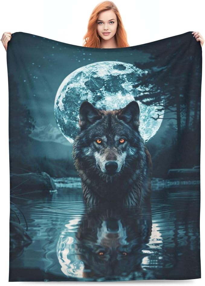 Wolf Moon Decor Blanket - Super Cozy Plush Lightweight Soft Flannel Fleece Cool Blanket Gifts for Wolf Lovers, Girls, Boys, Kids, Women, Men - Sofa, Bed, Couch - 40"X50"
