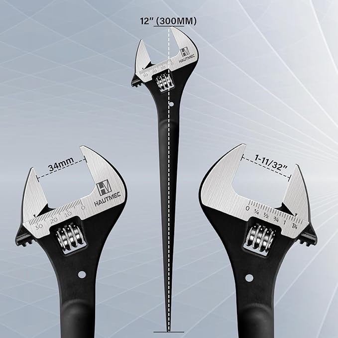 HAUTMEC 12 inch Adjustable Spud Wrench, Wide Jaw Up to 1-11/32"(34mm), Adjustable Spud Wrenches with Tail Pry Bar Features, Black Oxide Finish, Forged CR-V Steel Metric & SAE Scales with Tether Hole