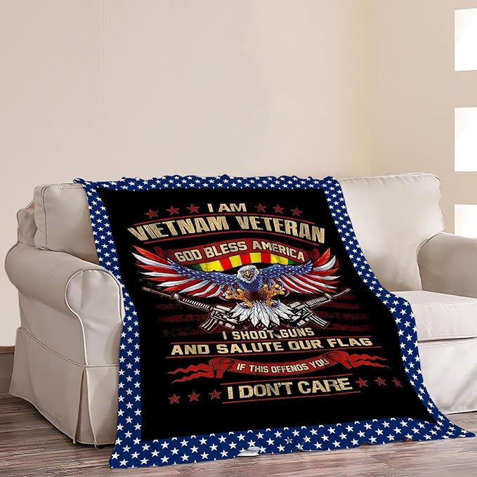 Vietnam Veteran Blanket Army Throw Blanket Soft Fleece Flannel Patriotic Bald Eagle Bedding Military Gifts for Veterans Men Boys Lovers Adults Stuff Plush for Couch Sofa Bed Room Decor 40"X50"
