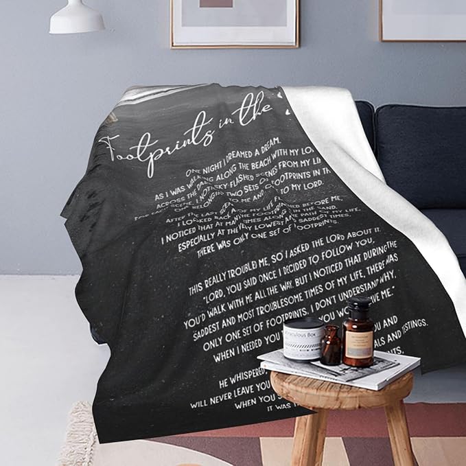 Footprints in The Sand Blanket Christian Gifts Bible Verse Scripture Throw Blanket Comfy Plush Flannel Fleece Warm Soft Fluffy Fuzzy Blanket for Prayer Adults Women Men for Bed Sofa Couch 60"X80"