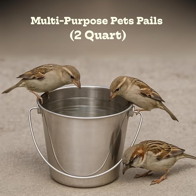 2 quart Heavy Duty Stainless Steel Round Bucket with Handle | 0.5 gal Sturdy Food & Water Bowl for Small Birds Dog Cat & Livestock | Fits kennel Crate Cage Farm | Hanging Utility Pet Pail