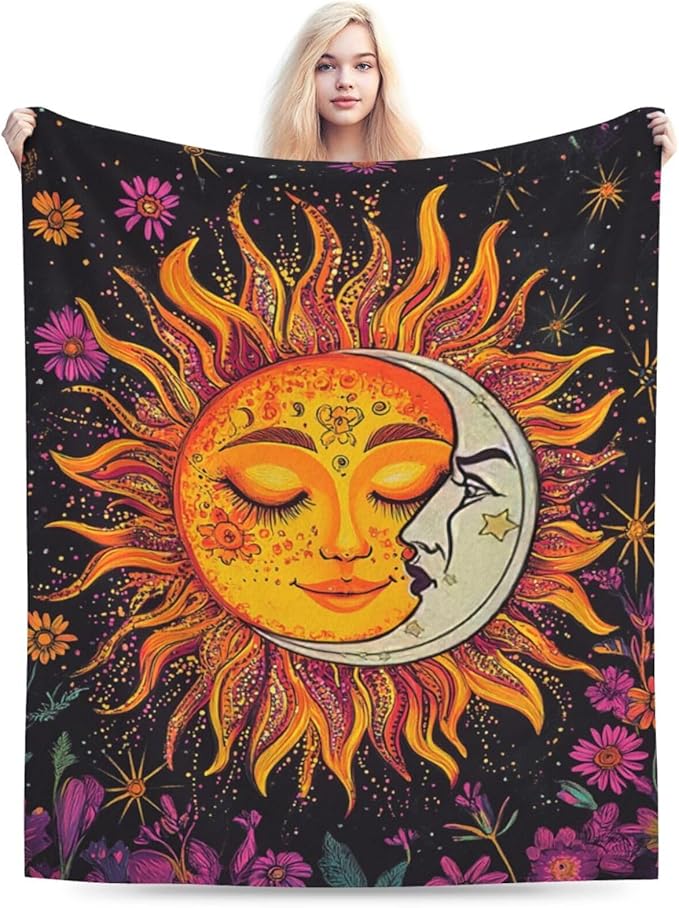 Sun and Moon Blanket Day and Night Throw Blanket Soft Warm Cozy Fuzzy Lightweight Fleece Flannel Plush Celestial Throw Blanket Gifts for Girls Women Kids Adults 60"X80"