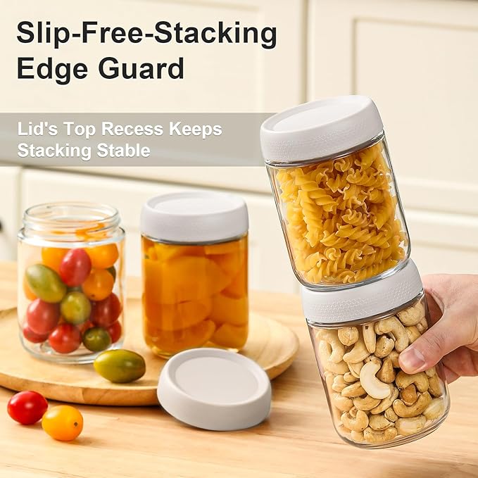 NETANY 6-pack 16oz Glass jars with Airtight Lids, Overnight Oats Containers with Lids, Wide mouth Mason Salad jars, Glass Food Storage Containers for Snacks Yogurt Spice Sugar-White