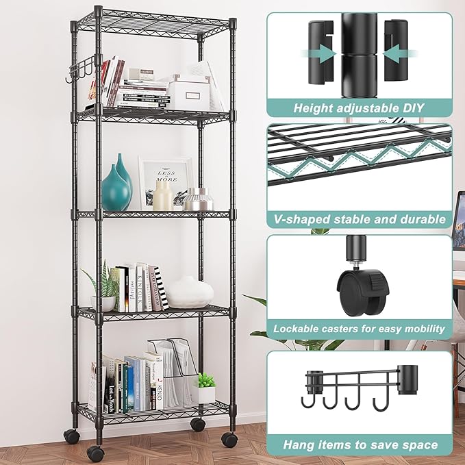 Himimi 5-Tier Wire Shelving Unit on Wheels, Adjustable Heavy Duty Metal Shelves with Side Hooks, Metal Organization Wire Rack for Kitchen Garage Basement, 13" L x 23" W x 72" H, Black