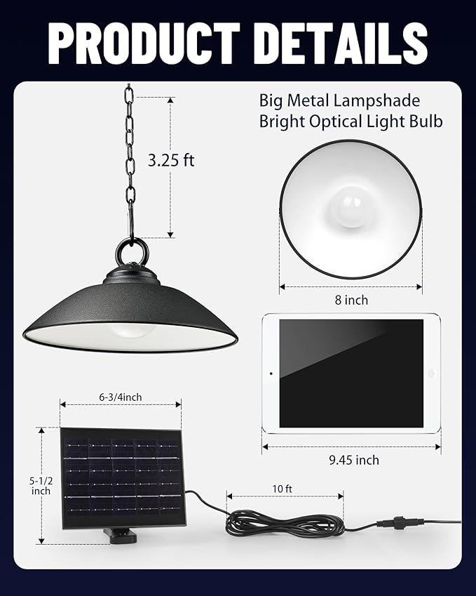 Solar Pendant Lights with Remote Control, 3 Color 2 Brightness Mode Timer 8 inch Outdoor Hanging Shed Gazebo Chandelier Lamp Chicken Coop Barn Porch Light, Dusk to Dawn, 1 Pack