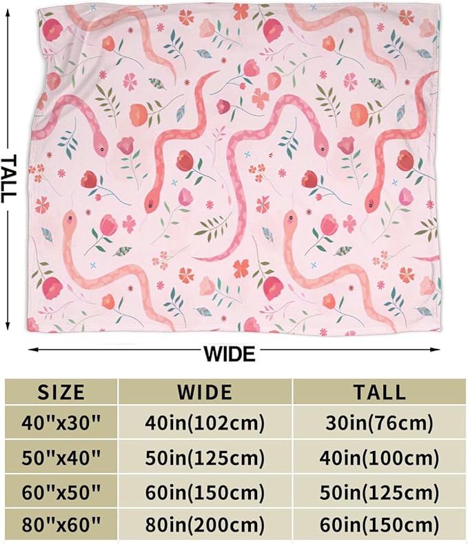 Cute Snake Reptile Blanket Ultra Soft Cozy Pink Flower Snake Throw Blanket Fleece Fuzzy Plush Bedding Blanket Real Snake Lovers Gifts for Women Girls Kids Adults Couch Sofa 50"x40"