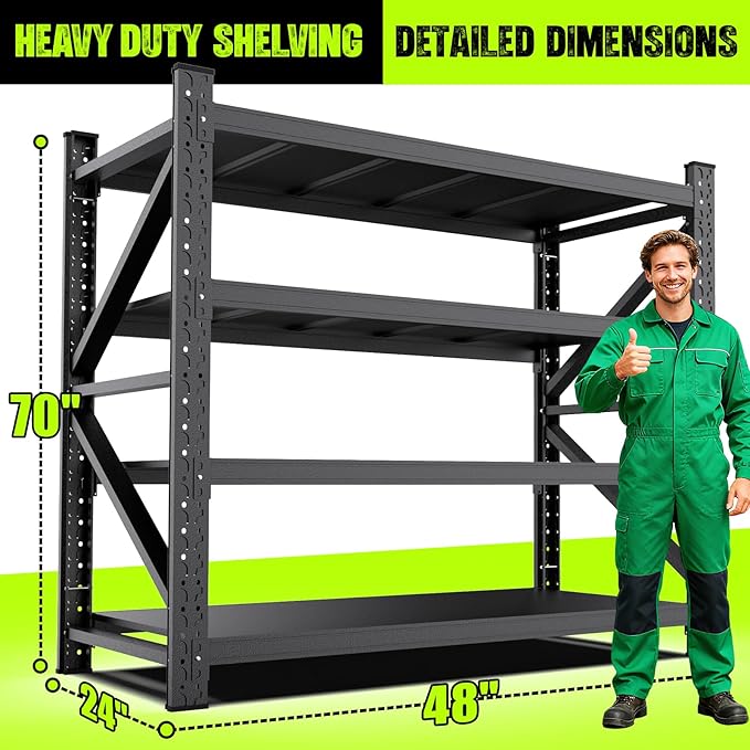 24''D Garage Shelving Heavy Duty 5-Tier Adjustable Storage Shelves Unit,6000 LBS Metal Utility Rack Shelf for Industries, Warehouses, Basement,Black (70''H x 48''W x 24''D)