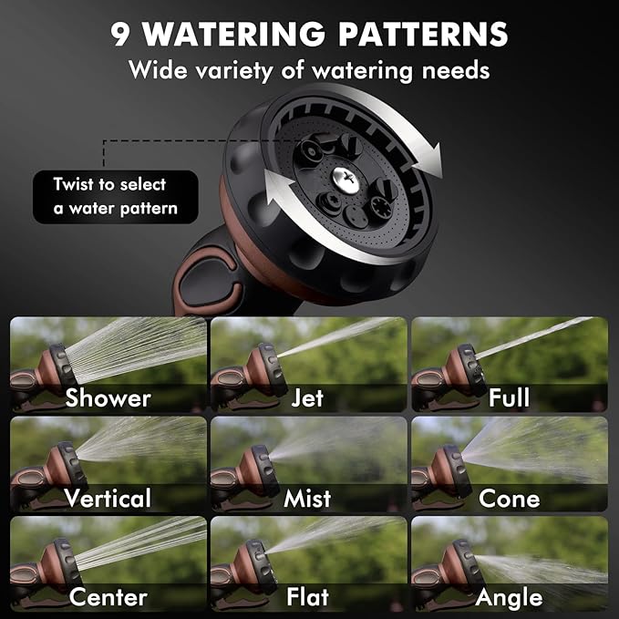 RESTMO Hose Nozzle with Easy Self-Lock Trigger, Heavy Duty Metal Water Hose Sprayer with 9 Spray Patterns and On/Off Valve, Ideal for Outdoor Lawn & Garden Watering, Car & Pet Washing, Brown
