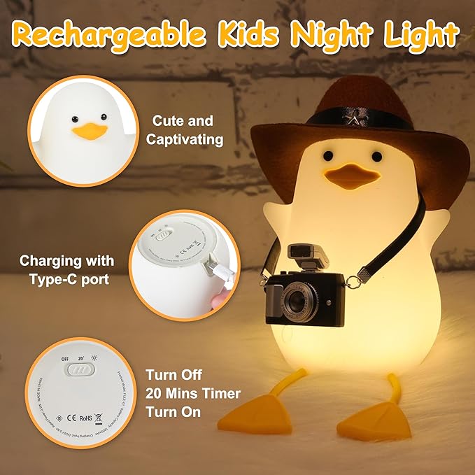 Duck Night Light, Squishy Duck Lamp, Cute Bedside Ducks Funny Nightlight with Dimmer & Timer & Rechargeable for Room Decor, Duck Gifts for Girls, Boys, Women, Little Ones-Cowboy Duck