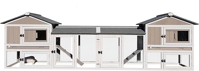 Rabbit Hutch Indoor Outdoor Bunny Cage with Pull Out Tray,2 Story Wooden Rabbit Cage with Weatherproof Asphalt Roof,Guinea Pig Cage with Ventilation Doors,Ramp for Small Animals 114" L Grey