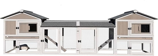 Rabbit Hutch Indoor Outdoor Bunny Cage with Pull Out Tray,2 Story Wooden Rabbit Cage with Weatherproof Asphalt Roof,Guinea Pig Cage with Ventilation Doors,Ramp for Small Animals 114" L Grey