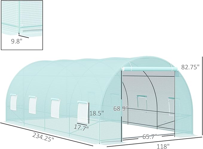 Outsunny 20' x 10' x 7' Walk-in Tunnel Greenhouse, Garden Warm House, Large Hot House Kit with 8 Roll-up Windows & Roll Up Door, Steel Frame, Green