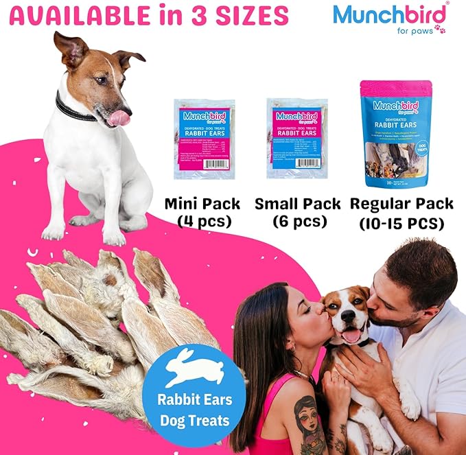 Munchbird Dehydrated Rabbit Ears for Dogs (4pcs) European Furry Rabbit Natural Fiber for Digestive Health