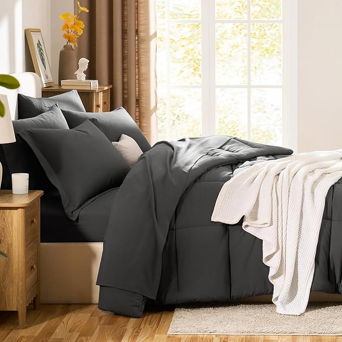 CozyLux Queen Comforter Set Dark Grey - 7 Pieces Bed in a Bag Queen, All Season Breathable Bedding Sets, Oeko-Tex Certified Bed Set with Down Alternative Comforter, Sheets, Pillowcases & Pillow Shams