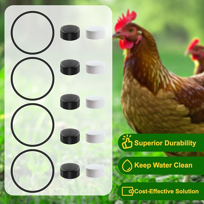 Plastic Poultry Waterer Replacement Parts Kit - 10 Caps & 4 O-Rings, Compatible with Miller, Little Giant PPF & Farm-Tuff 3/5/7 Gallon Poultry Founts (Black & White)