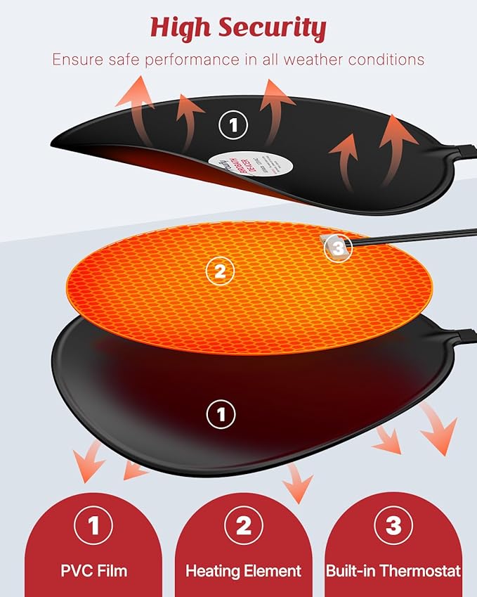 Pawfly 60 W Bird Bath Heater with Thermostat, 9.5 Inch Bird Bath De-Icer, Submersible Birdbath Deicer, Chicken Water Heater for Outdoors in Winter, Winter Water Heater for Wildlife Livestock Poultry