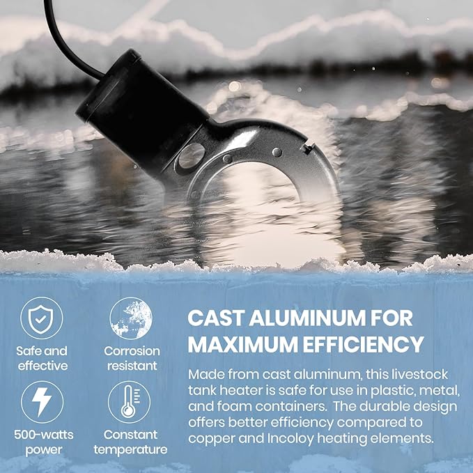 Upgraded 500-Watt Chicken Water Heater - Submergible Cast Aluminum Utility De-Icer with Black Teflon Coating for Livestock Tanks, Winter Bird Bath, and Mineral Buildup Resistance