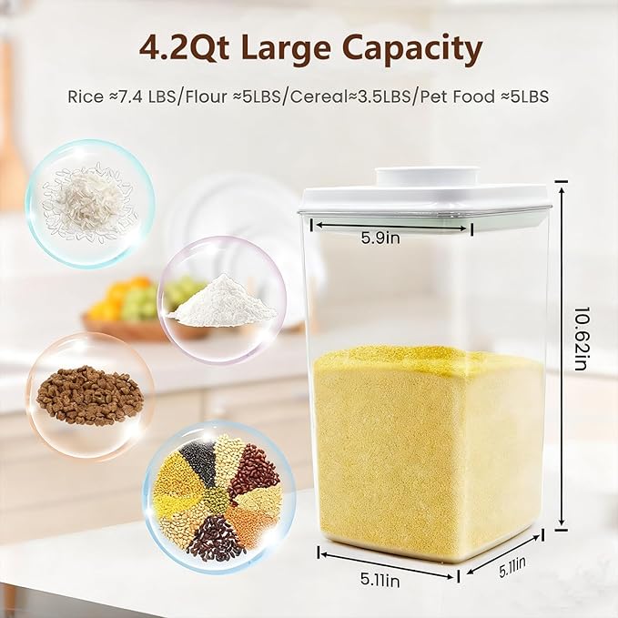 Large Pop Airtight Food Storage Containers Set with Lids 4.2Qt/4L Food Containers with Scoop, Kitchen Pantry Organization and Storage, BPA Free Stackable Cereal Container (4 * 4.2Qt)
