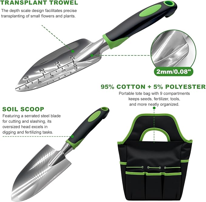 11-Piece Gardening Tools Set for Women, Heavy Duty Gardening Hand Tools, Outdoor Gardening Hand Tools with Non-Slip Green Rubber Handle. Indoor mini Gardening Potting Set (7) (Gray)