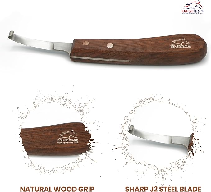 Equine Care Right-Handed Hoof Knife – Razor Sharp Short J2 Steel Blade, Professional Farrier Tool for Horse Hoof Trimming, Goats, Sheep & Livestock | Ergonomic, Rust-Resistant Wooden Handle.