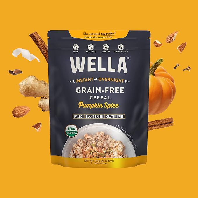 Wella Cereal Oatmeal Alternative, Gluten-Free Breakfast Hot Cereal, Grain-Free Paleo Organic Vegan High Protein Superfood, Plant-Based Non-GMO, Low in Net Carbs, Multi-Serve Bag, Pumpkin Spice Flavor (1 Count, 12.8 oz. Bag)