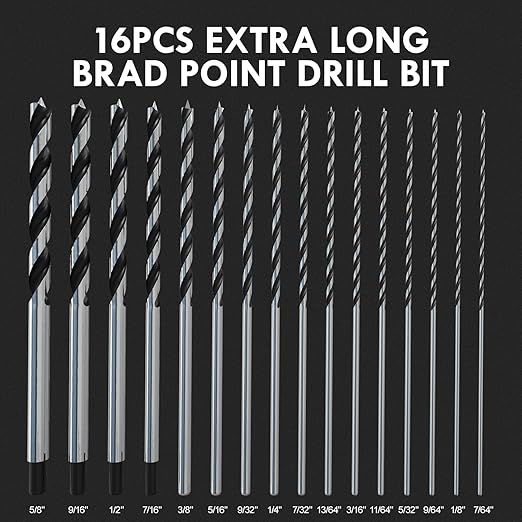 16Pcs Brad Point Wood Drill Bit Set, 12 Inch Extra Long Drill Bit Set with Double Flutes Design for Carpenter Woodworking and All Types of Wood (7/64" - 5/8")