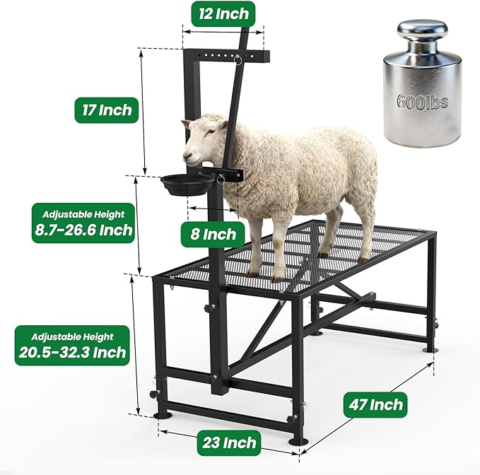 Goat Stand for Milking with Feed Bin, 600LBs Metal Trimming Stand for Sheep Goat with Adjustable Size Goat Milking Stand for Clipping Hooves