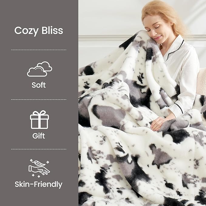 Cozy Bliss Cow Print Faux Fur Throw Blanket, Animal Printed Blankets Super Soft Warm Thick Fluffy Throws Home Decor for Couch Bed Sofa Women (Black&Grey Cow, 50x60 Inches)