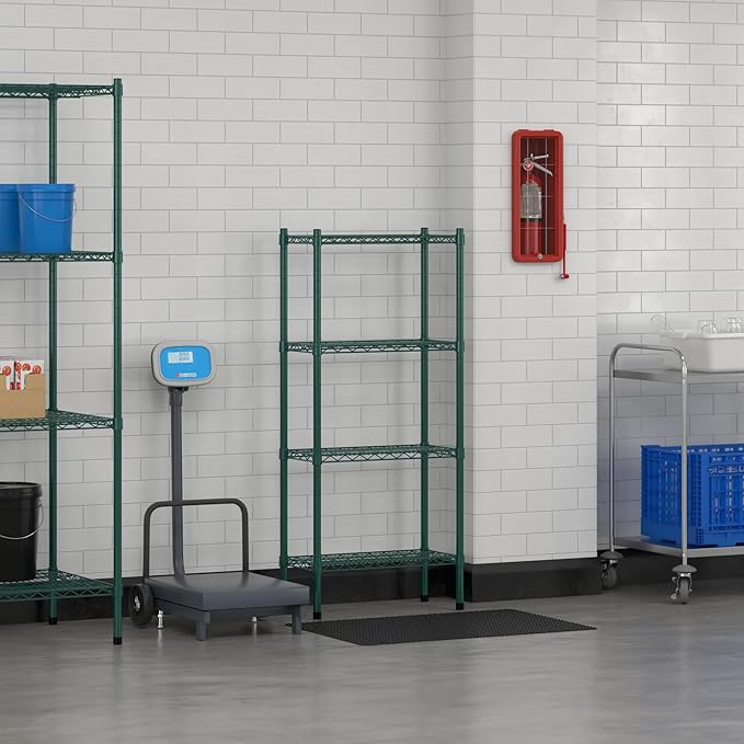 Commercial NSF Listed Green Epoxy Stationary Wire Shelving Kit 12" x 24" x 54", with 4 Shelves Perfect for Warehouse, Walk-in Refrigerator, Freezer, Grocery Store, Restaurant, Dishroom