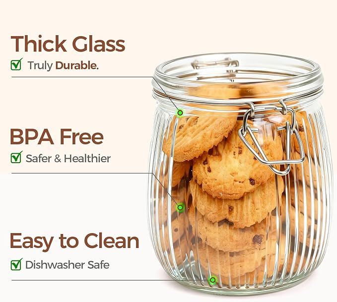 ComSaf Airtight Glass jar with lid 25oz Set of 6, Glass Storage Containers with Lids, Glass Canister, Mason Jars, Striped Clip Fastening Jar for Kitchen Canning, Oat, Coffee, Pasta, Snack, Nut, Candy