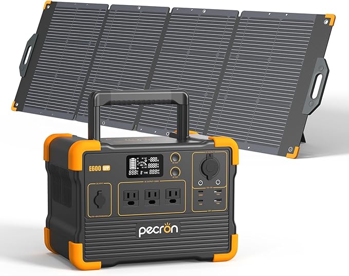 Pecron E600LFP Portable Solar Generator with 1x200W Solar Panel, 614Wh LiFePO4 Battery Backup, Power Station for Camping, Emergency, RV, Off-Grid Living