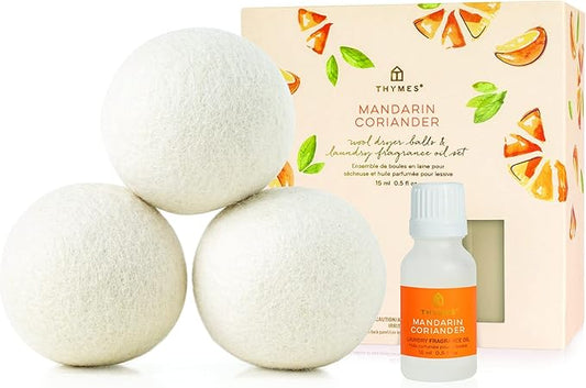 Thymes Wool Dryer Balls Set – Includes 3 Wool Laundry Balls + 1 Scented Laundry Fragrance Oil for Dryer – Eliminate Wrinkles, Static & Lint (Mandarin Coriander, 0.5 fl oz)