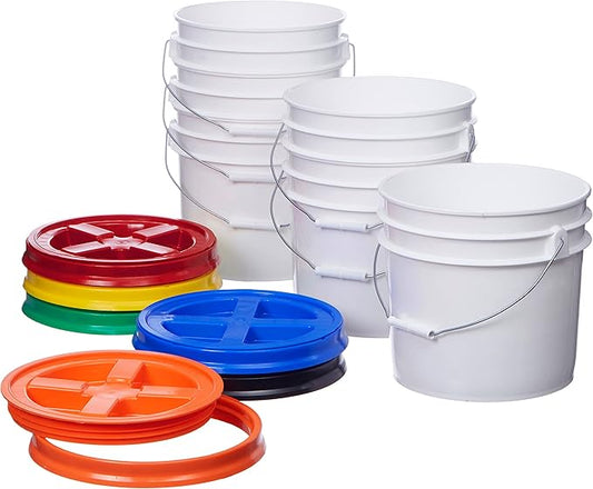 Consolidated Plastics 3.5 Gallon White Food Grade Buckets + 6 Gamma Seal Lids, BPA Free Container Storage, Durable HDPE Pails, Made in USA (6 Pack)