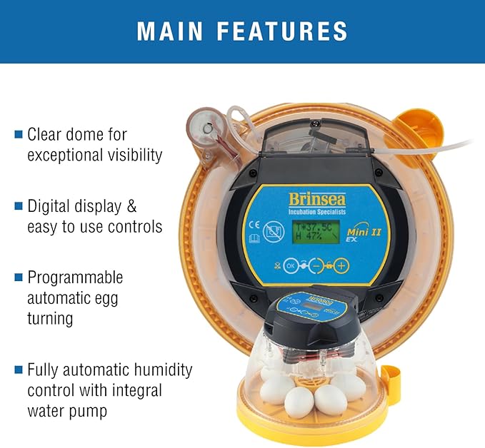 Brinsea Mini II EX Egg Incubator with Automatic Humidity Control and Egg Turning for Hatching 7 Chicken, Duck, Other Bird Eggs, Precision Digital Controls, Temperature Alarms