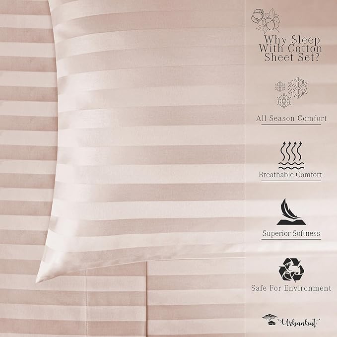 URBANHUT 1000 Thread Count Damask Striped King Size Egyptian Cotton Sheets, Long Staple Soft & Breathable, 4 Pc Bed Sheet Sets, Luxury Hotel Sateen Sheets Fits 16" Deep Pocket - Blush Pink