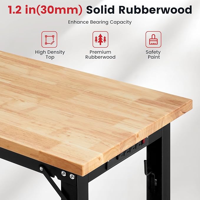 Workbench with Wheels 60 Inch Rubberwood Tabletop Garage Workbench Adjustable Height Work Bench with Pegboard, Power Outlets for Woodworking, Home, Office, Workshop