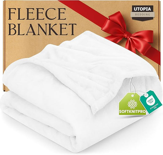 Utopia Bedding Fleece Blanket Queen Size White 300GSM Luxury Anti-Static Fuzzy Soft Microfiber Bed Blanket (90x90 Inch)